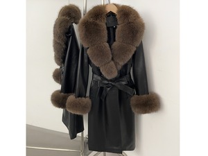 OFTBUY Giacca in Pelle PU Impermeabile Reversibile Primavera/Autunno con Collo e Polsini in Finta Pelliccia di Volpe, Cintura Lunga, Stile Moto - Product Image 3