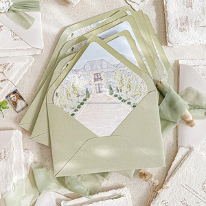 Cartes d'invitation de mariage personnalisées, faites à la main, en papier gaufré à bords festonnés, avec impression typographique, enveloppes vertes Saga, logo personnalisé - Product Image 3