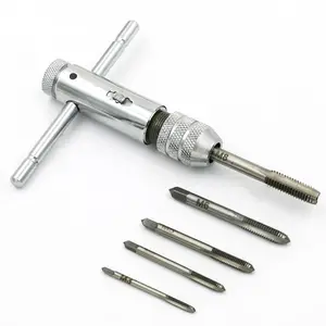 Adjustable Silver T-Handle Ratchet Holder Wrench with 5pcs M3-M8 3mm-8mm Machine Screw Thread Metric Plug T-shaped Tap