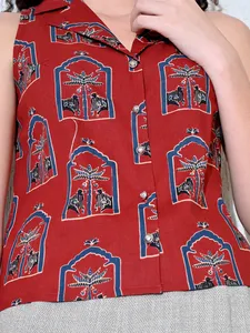 Dusk in Red Casual Summer Woven Notch Collar Camisa sin mangas con tapeta frontal 100% algodón de secado rápido - Product Image 2