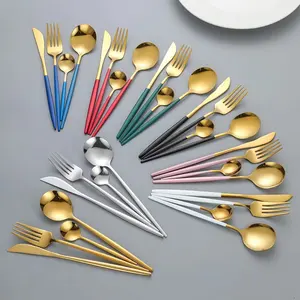 Best Selling Portuguese Cutlery Spoon And Fork Set Wholesale Glossy Gold Cuttlery Set Box 24pcs Flatware Sets For Wedding