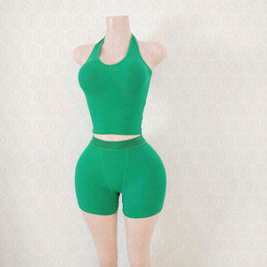 Zomer 2025 2-delige set dames op maat gemaakte dubbel gelaagde halter top met veterdetail en capri leggings set voor dames - Product Image 5