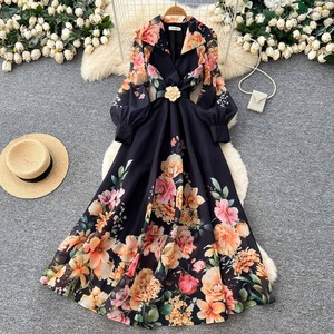 Robe vintage à manches longues, coupe trapèze, à fleurs, élégante pour le bureau, pour le printemps et l'été - Product Image 1