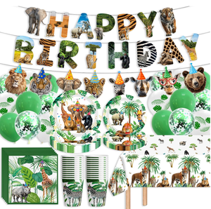 Ensemble de vaisselle et décorations pour fête d'<span class=keywords><strong>anniversaire</strong></span> sur le thème de la jungle et de la faune : assiettes, gobelets, serviettes, nappes, bannières, guirlandes, ballons en latex - Product Image 1