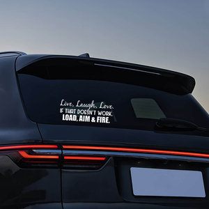 Adesivo per auto con umorismo tattico, rimovibile, anti-UV, resistente alle intemperie, con citazione 'Live Laugh Love...Load Aim Fire' per SUV e camion - Product Image 2