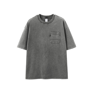 เสื้อยืดผ้าฝ้ายเฮฟวี่เวท100% ดีไซน์กระเป๋าวินเทจฟอกสี2025SS - Product Image 1