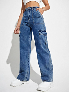 Pantalones Cargo Bajos de Mezclilla para <span class=keywords><strong>Mujer</strong></span> al por Mayor, Estilo Cool Girl, con Bolsillos, Vintage, de Pierna Ancha, Holgados, de Poliéster/Algodón - Product Image 3