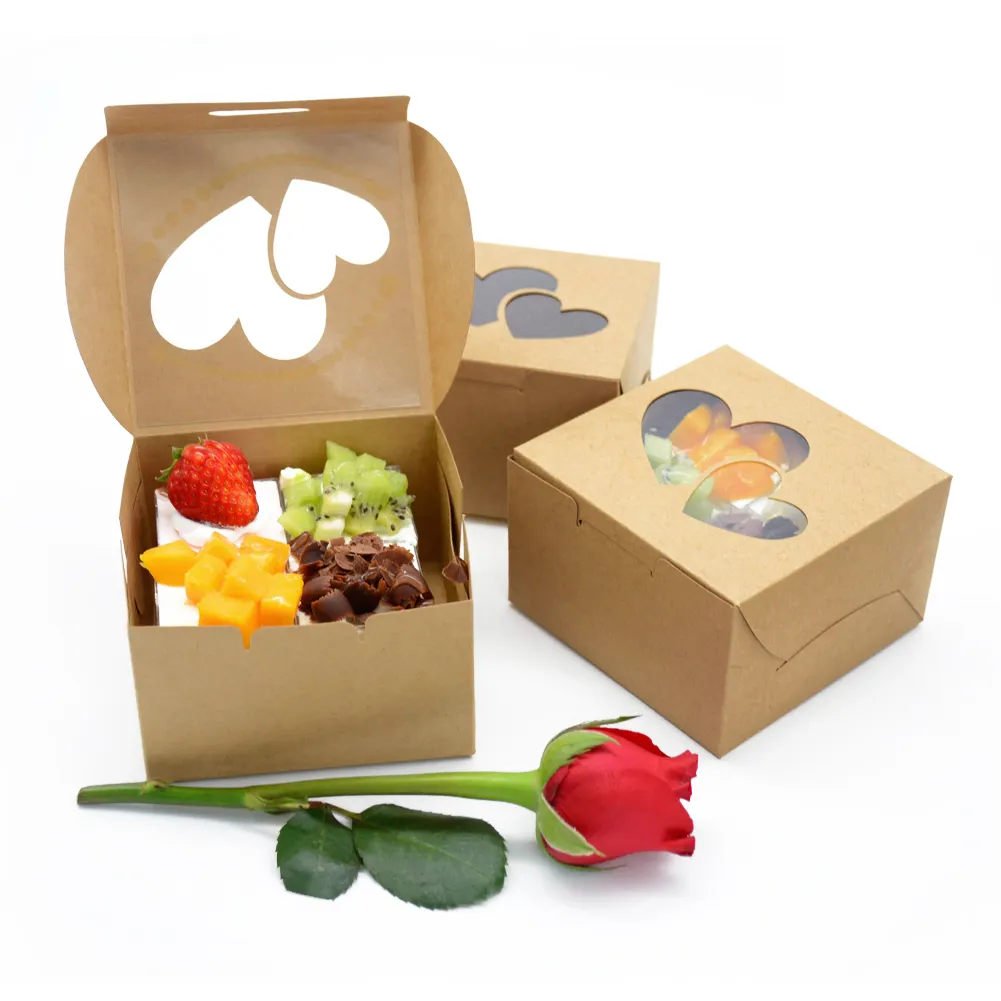 Caixa de papel de chocolate para presente em forma de coração personalizada Caixas de padaria com janela para festa de casamento