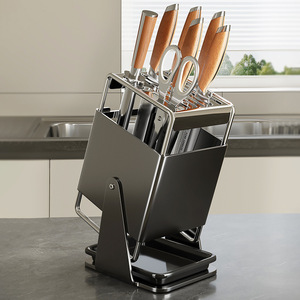 Kitchen Knife Holder Stainless Steel Desktop Storage Rack With Cutting Board And Chopsticks Cage Multifunctional Angled Design - Product Image 1