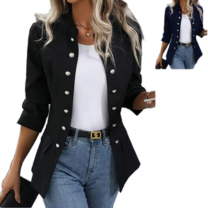 Cárdigan de poliéster para mujer, de doble botonadura, cuello en V, color liso, estilo casual de invierno, temperamento sencillo, para ir al trabajo, venta al por mayor - Product Image 1