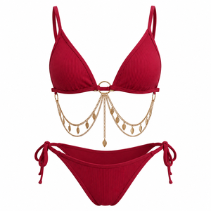 Plunge <b>Bikini</b> Swimsuit <b>Set</b> Ribbed <b>Triangle</b> Bra Thong Beachwear for Women - Product Image 2