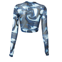 Crop Tops personnalisés pour femmes col rond décontracté à manches longues Street Mesh Sheer See -Through Blouse Gauze Printed Slim-Fit T-shirt Summer