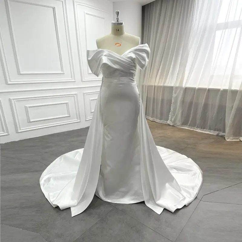 Hot Sale Off Shoulder Sleeveless Pleats Quality Satin Detachable Skirt Wedding Dresses 2024