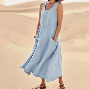 Robe <span class=keywords><strong>Bohème</strong></span> Moderne pour <span class=keywords><strong>Femme</strong></span> Sans Manches Taille Mi-Haute Silhouette Évasée en Mélange Coton-Lin avec Poche et Imprimé Thème Océan - Product Image 1