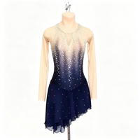 Robe de patinage artistique à manches longues dégradé bleu marine avec dos découpé et strass pour performance de danse sur glace pour enfants