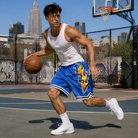 Shorts en maille bleue RAMAX pour hommes, motif éclair vintage, shorts de basketball et de gym, streetwear oversize, vente en gros, fournisseur d'usine