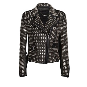 Chaqueta acolchada de cuero de oveja con tachuelas y acabado transpirable a cuadros para mujer, nueva chaqueta de motociclista de cuero genuino Natural - Product Image 1