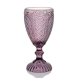 Vintage Wine Goblet Glass Embossed Design Glassware Pressed Machine Pressed Glass Color Wine Glasses Carved Water Goblet