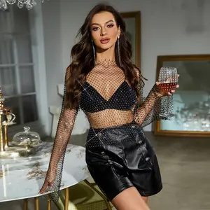 Phụ Nữ Lưới Cơ Thể Chuỗi Rhinestone Dài Tay Áo Pha Lê Kim Cương Thông Qua Bìa up Crop Tops Fishnet Bikini