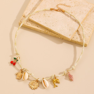 Collier tendance de style bohème pour les <span class=keywords><strong>vacances</strong></span>, plaqué or, pierre de naissance de <span class=keywords><strong>juillet</strong></span>, coquille de cerise, étoile de mer, nœud de fleurs, pendentif à glands - Product Image 4