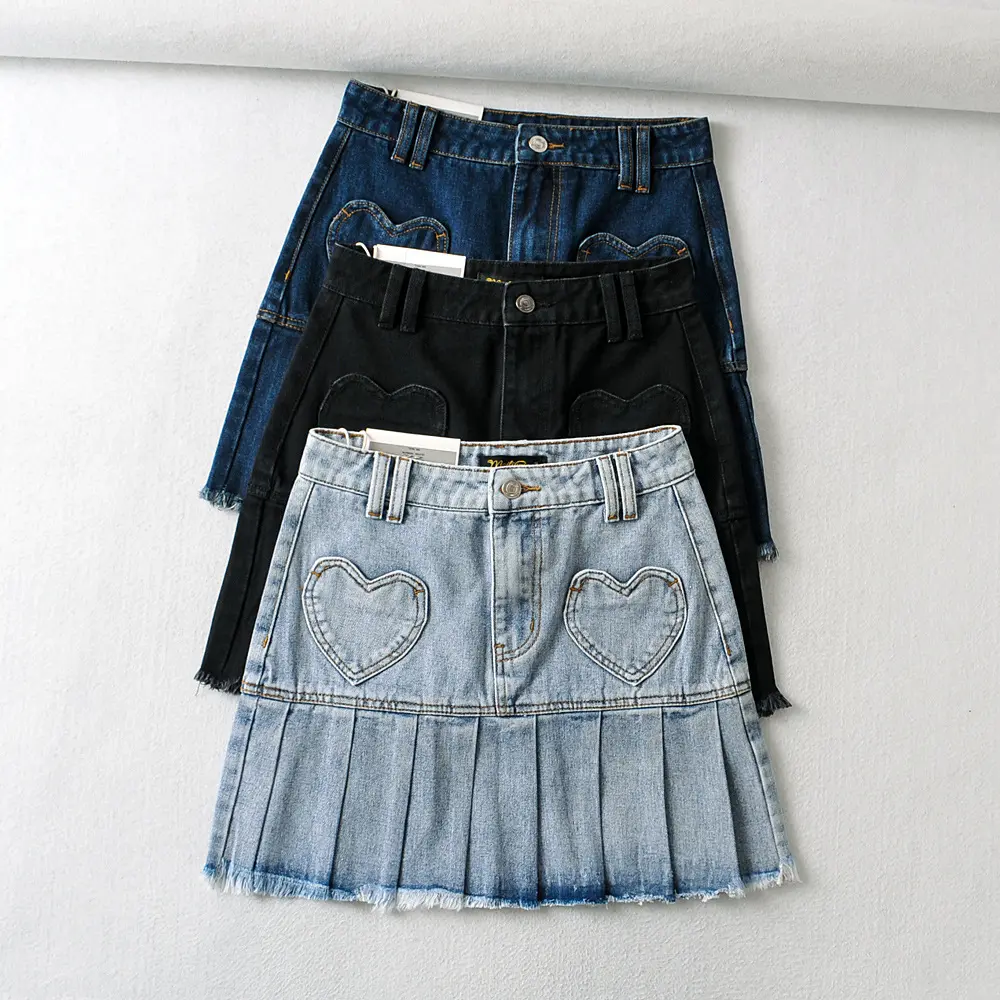 Новое поступление, джинсовые короткие юбки для девочек, трапециевидная джинсовая плиссированная мини-юбка с высокой талией и накладными карманами