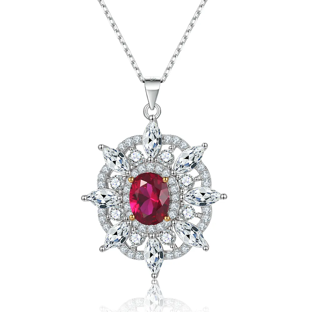 Luxury 925 Silver Ruby Pendant Necklace Women Jewelry Pave Small Zirconia Necklace