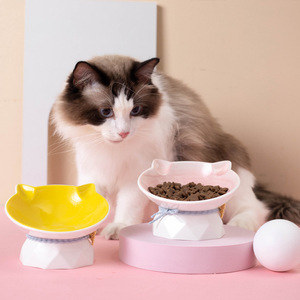 Custom Cartoon Ceramic Cat Bowl Shallow Elevated Non Slip For Cats Feeding - Product Image 1