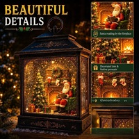 Lanterne de Noël en résine plastique lumineuse avec globe de neige, Père Noël au bord du foyer, eau scintillante tourbillonnante, décoration de maison pour les fêtes