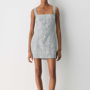 Robe mini trapèze vintage brodée en tweed à col carré sans manches pour femme, taille naturelle, élégante pour le bureau ou les soirées - Product Image 1