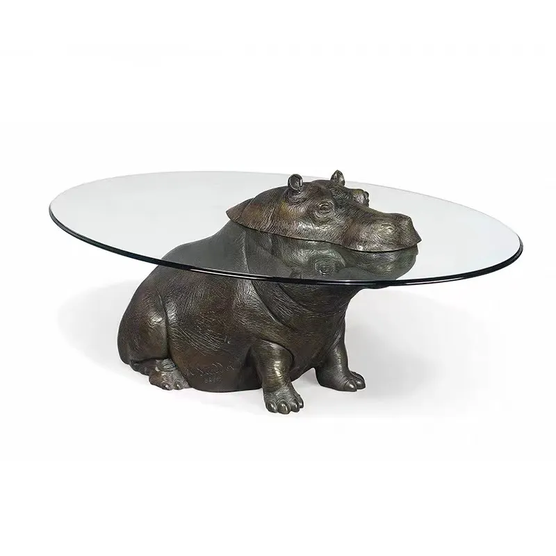 Stylish Animal Sculpture Base Round Glass Coffee Table For Home Hotel Living Room Outdoor use ok