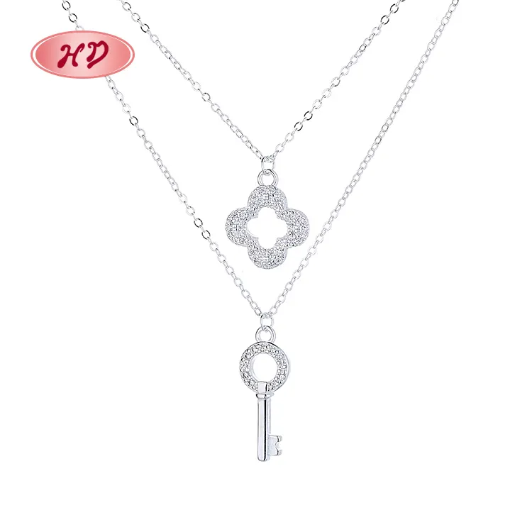 Cute Boho 925 Sterling Silver Jewelry Aaa Cubic Zirconia Pendant Long Silver Four Leaf Clover Key Multilayer Necklaces For Women