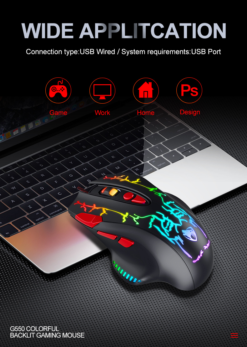 TWOLF G550 gaming mouse wired 8 programmable buttons RGB backlit 7200DPI opitical LED light for computer PC Gaming Mice