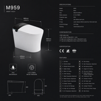 WC intelligent de luxe monobloc avec bidet intégré, cuvette électronique, toilette automatique avec fonction anti-éclaboussures et mousse