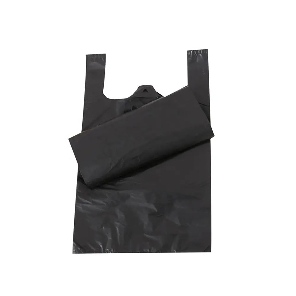 ตัวอย่างฟรี Hdpe ที่กำหนดเองพิมพ์โลโก้สีดำเสื้อยืดถุงพลาสติก
