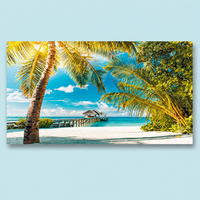 Impression murale de plage tropicale des Caraïbes, paysage marin avec cocotiers et îles, pour salon, hôtel, complexe hôtelier, intérieurs côtiers