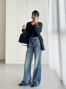 Yuanboei celana <span class=keywords><strong>Jeans</strong></span> kaki lebar wanita, celana Denim kaki lebar bergaya Boyfriend grosir untuk wanita - Product Image 2