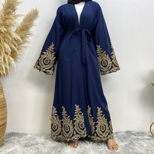 1495# Hot Sale Gold Applique Blue Open Abaya Muslim Women Kimono Islamic Long Robe Dubai Abayas - Product Image 3