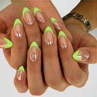 Faux ongles à presser pour femmes, transparents, vert néon, longs, forme amande, French manucure en V, finition brillante, pour style Y2K, été, pop et glamour