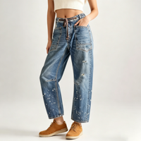 Jean ample en denim pour femme, style bohème, à effet éclaboussures de peinture, coupe baril, à enfiler, longueur cheville, décontracté