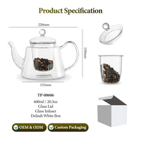 Théière moderne tout en verre 600 ml, écologique, qualité alimentaire, pour hôtels et B&B, OEM, en borosilicate, résistante à la chaleur et au froid, avec infuseur