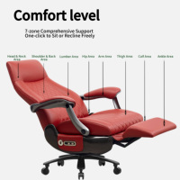 Fauteuil de bureau exécutif moderne en cuir rouge à dossier haut, pivotant, avec appui-tête souple, repose-pieds et réglage du dossier à un bouton, idéal pour le bureau à domicile