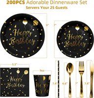 200 pièces de vaisselle en papier pour fête d'anniversaire, noir et or, fournitures de fête, assiettes en papier jetables, serviettes, vaisselle