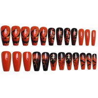 Faux ongles longs en forme de citrouille de dessin animé pour fête d'Halloween, couverture complète, pré-conçus, faits à la main, vente en gros