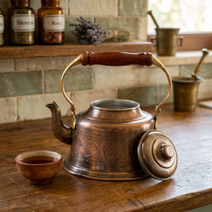 Vintage Metal Tea <b>Kettle</b> <b>With</b> <b>Wooden</b> <b>Handle</b> And Engraved Design For Traditional Tea Serving - Product Image 3