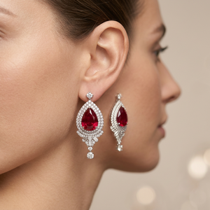 Bridal Dainty Heart Pear Shape Ruby <b>Stud</b> <b>Earrings</b> Set Silver Tone Vintage Wedding Party Birthstone Gift for Women - Product Image 1