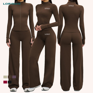 LORISOW Custom <strong>Workout</strong> Clothes Woman Two 2 Piece Sport Set Zip up Brown <strong>Jacket</strong> with High Waist Flared Legging Pants Gym Set - Product Image 1