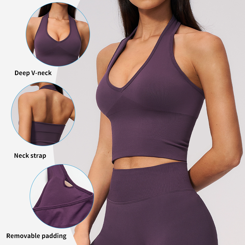 DWX7725 Women's Halter Crop with Built-in Bra - Low Impact Deep V-Neck Sleeveless Yoga Tank, Fixed Straps Wireless Workout Top