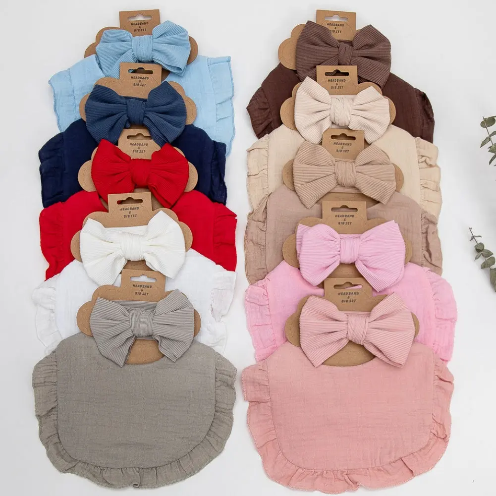 Bestverkopende Baby Speekselhanddoek En Puur Katoenen Vlinder Hoofdband Set Met Gerold Randontwerp Voor Baby Slabbetjes