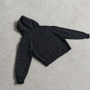 Sudadera con capucha negra con cremallera para hombre, de algodón French Terry, corte holgado, con efecto desgastado y pedrería descolorida, compatible con OEM ODM - Product Image 2