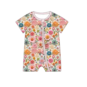 Bright Flower Print Baby And Toddler Jumpsuit Custom Any Size And Logo Footie Romper With Zipper